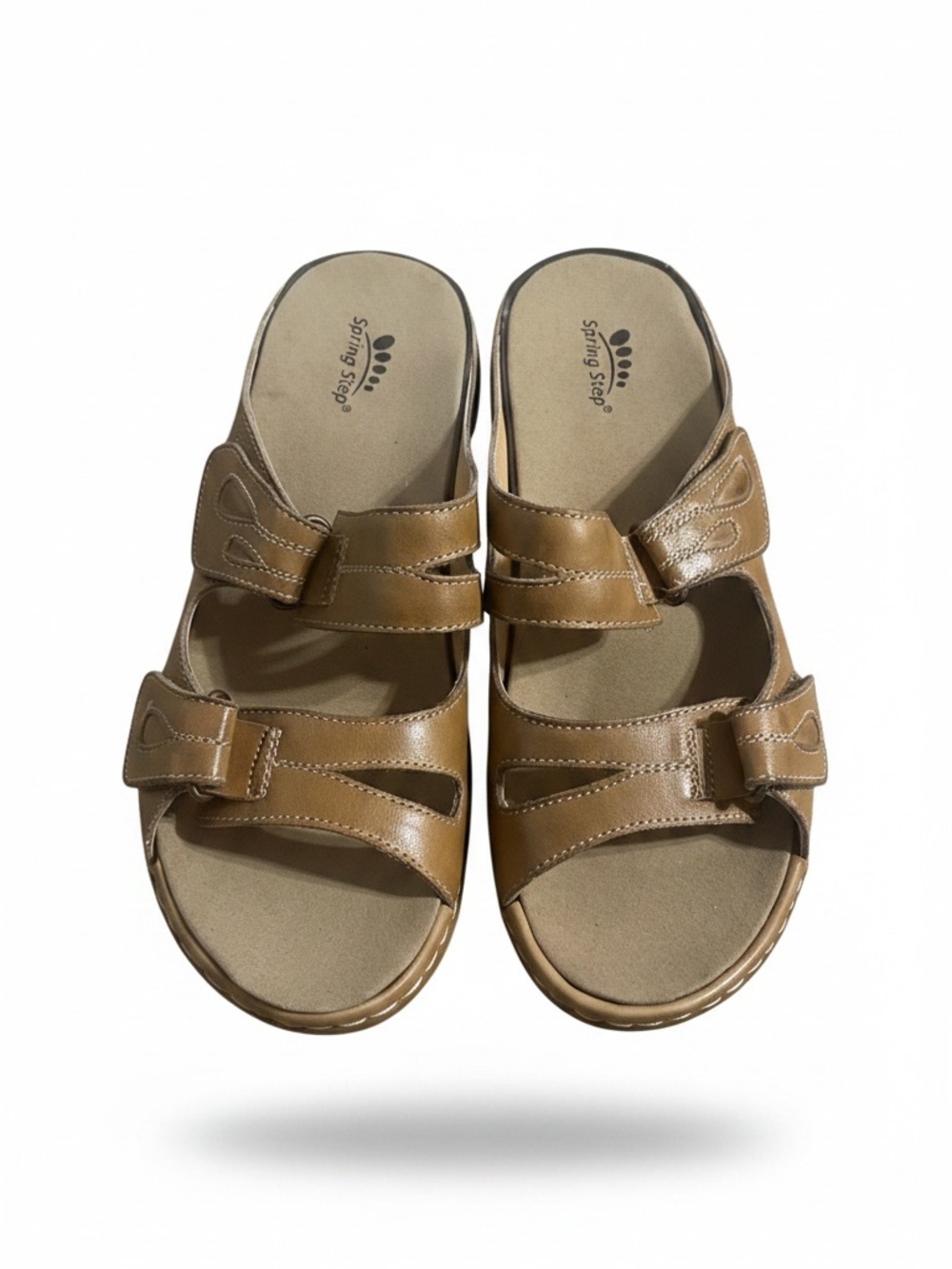 Spring Step Tan Leather Dual-Strap Slide Sandals